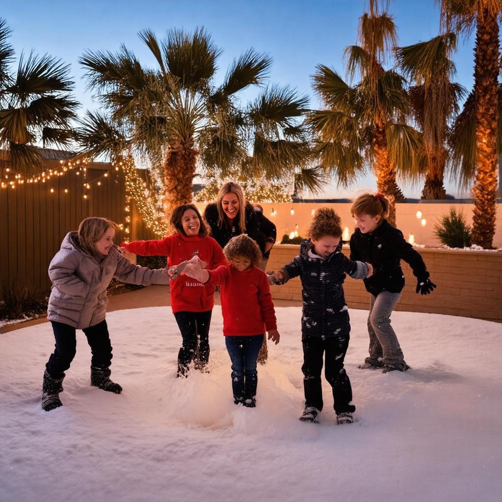 Guests enjoying artificial snow at a warm desert evening event